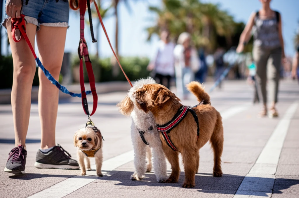 Un chien interagissant positivement avec d'autres chiens lors d'une promenade à Nice